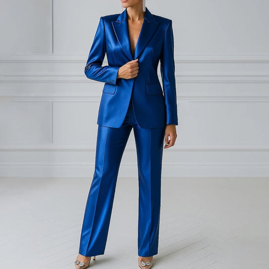 Elegant Blue Evening Women's Suits 2 Piece Jacket Pants Sets High Quality Royal Blue One-Button Slim Fit Office Blazer Clothing