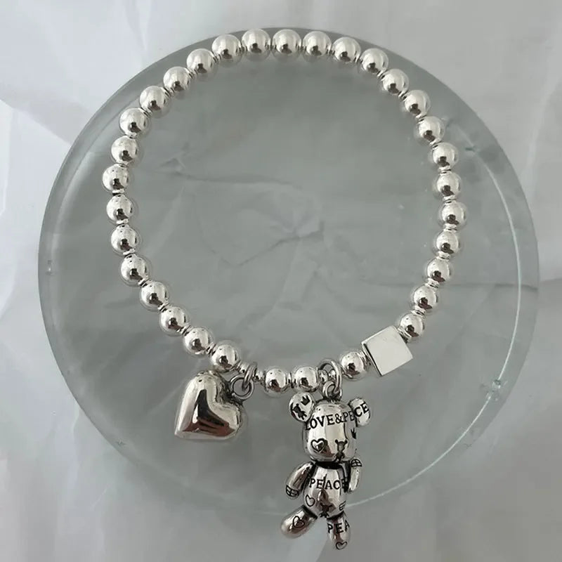 Bracelet Argent 925 Perles Ours Mignon | Pendentif Charme | Bijou Femme Fête & Anniversaire