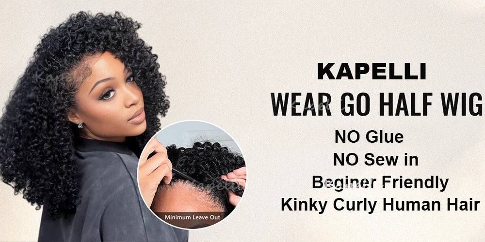 Demi-Perruque Cheveux Humains 180% | Kinky Curly | Invisible Hairline | Cordon Coulissant | 3 en 1