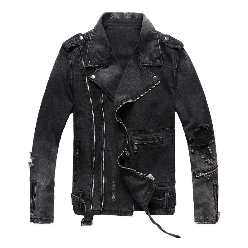 Veste Jean Homme Automne-Hiver | Style Américain Retro High Street Punk | Slim Déchiré Motard