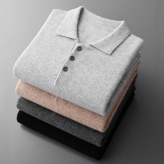Luxury Men's Cashmere Sweater 100% Merino Wool Buttoned Pullover Autumn Winter Polo Collar Knitwear Male Casual Warm Jumper Tops