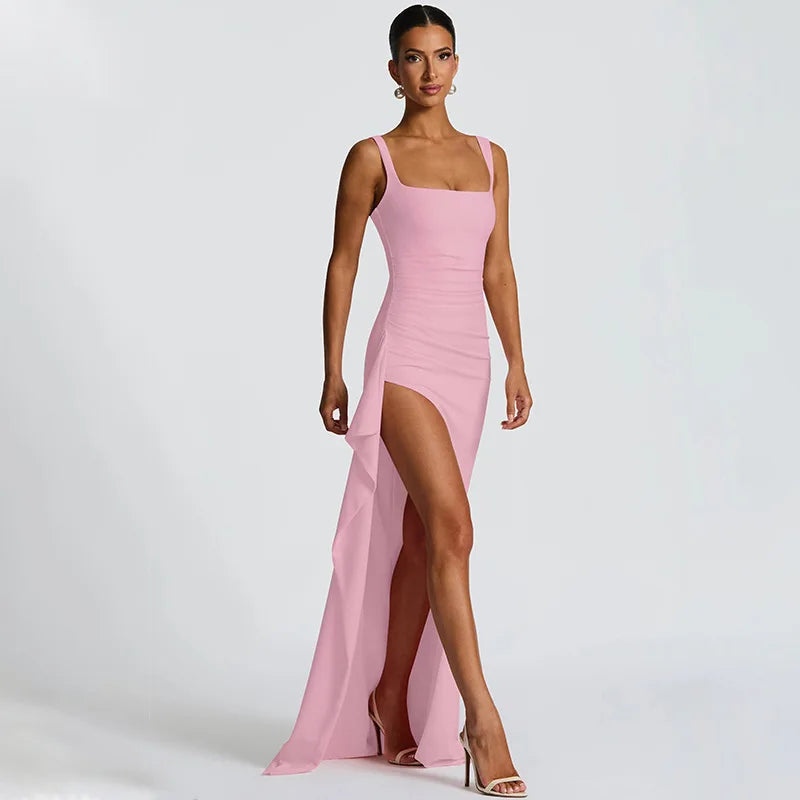 Robe Midi Bodycon Soirée Femme | Bretelles Spaghetti | Col Carré Fente | Sexy Formelle Prom | Longue Gala