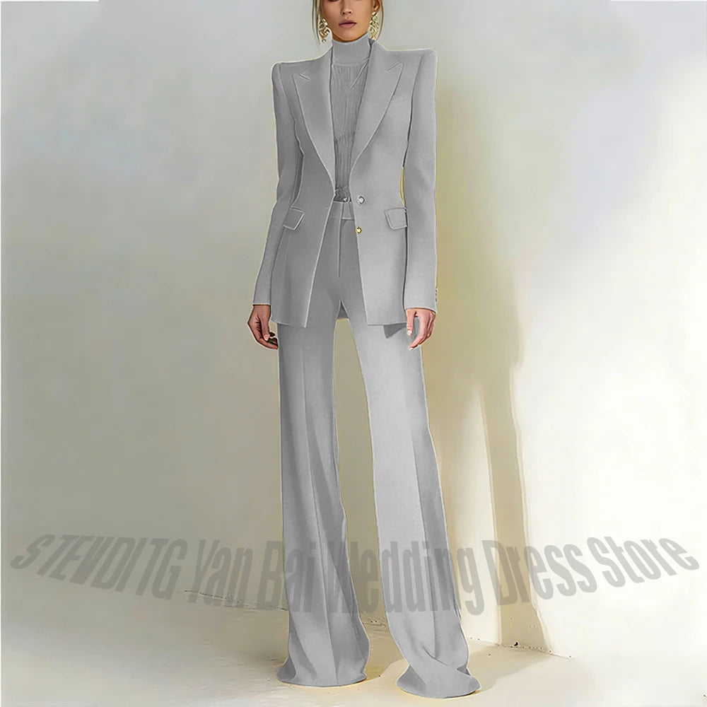 Women's Pant Suit 2 Piece Set Office Female Business Work Formal Jacket Trouser One Button Chic Yellow Peaked Lapel Elegant Suit