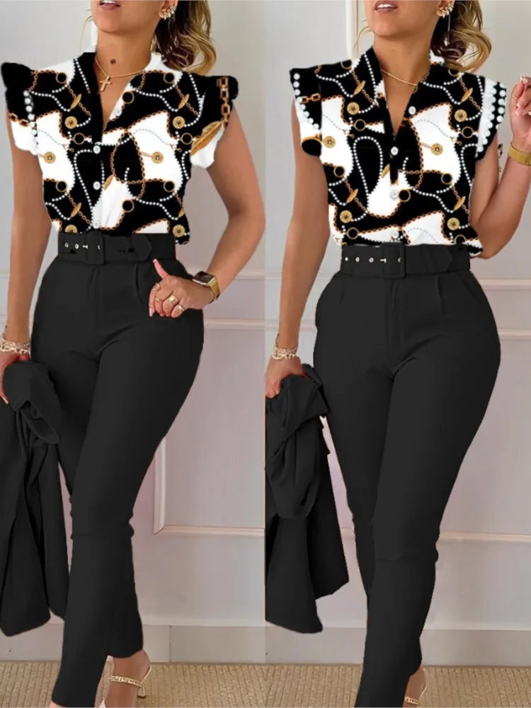Women's Elegant Slim Two-Piece Sets Summer Fashion Print V Neck Button Flying Sleeve Shirt Top & Solid Long Pants Suits With Belt
