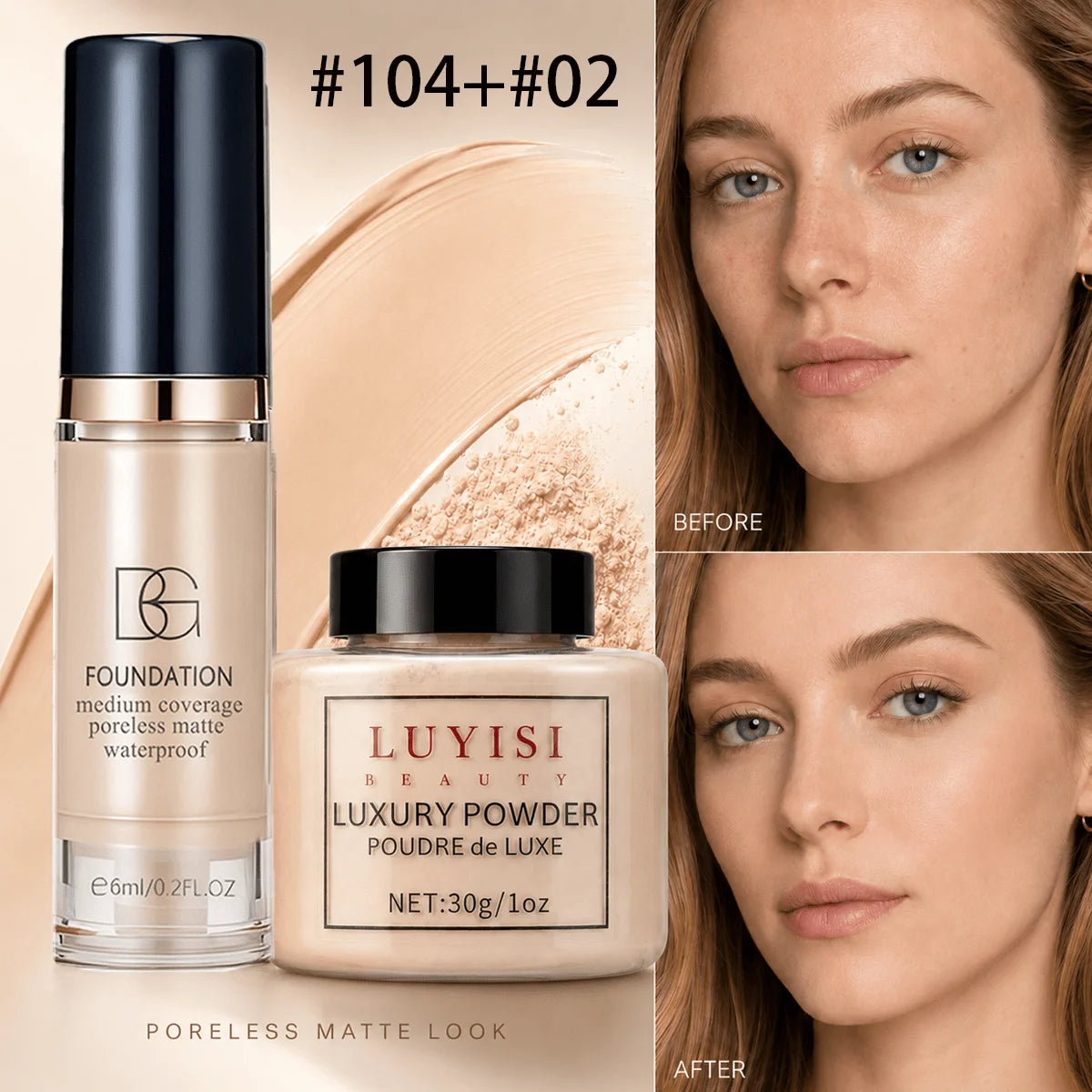 Facial Makeup Set:1pc Matte Loose Powder+1pc Waterproof Fundation,High-Coverage,Long-Lasting,Oil Control,Creat Natural Looks.