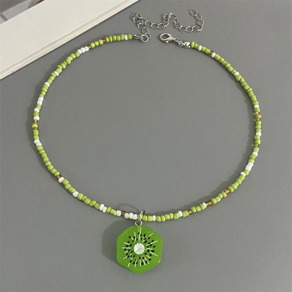 Collier Pendentif Fruits Fait Main | Perles Riz Bohème | Choker Pastèque Citron Fraise | Bijou Fille Femme