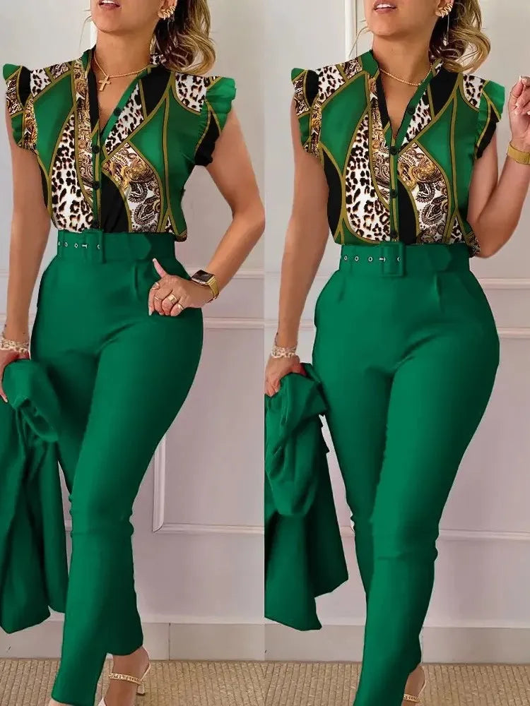 Women's Elegant Slim Two-Piece Sets Summer Fashion Print V Neck Button Flying Sleeve Shirt Top & Solid Long Pants Suits With Belt