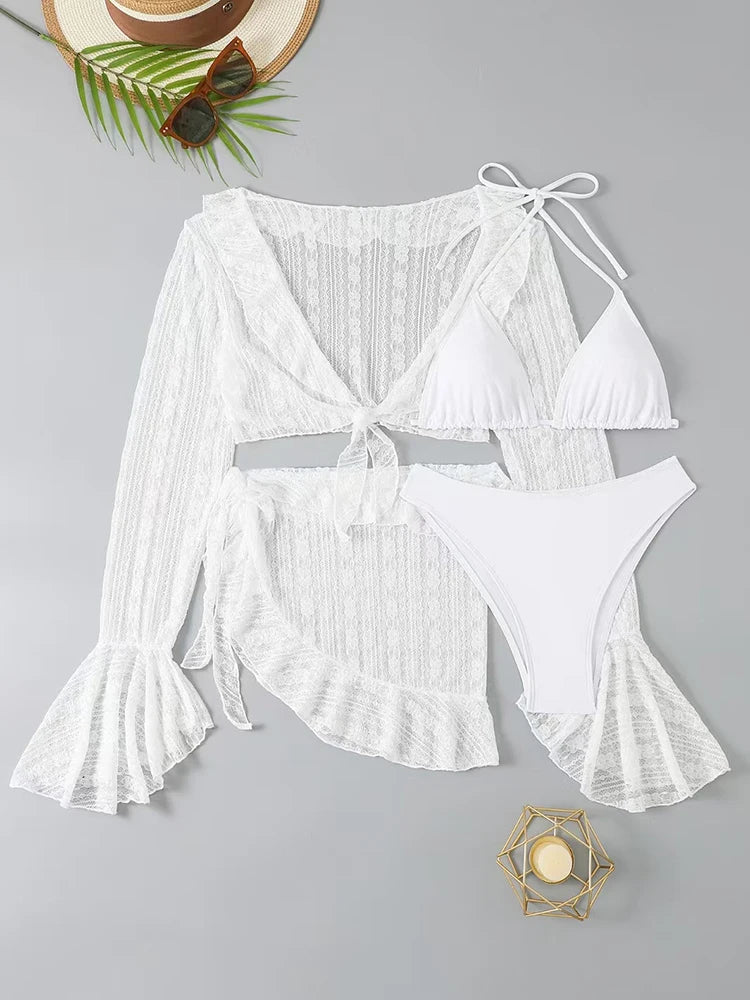 Maillot de Bain Femme 4 Pièces | Bikini Brésilien | Cover-Up Manches Longues | Uni | Plage & Soirée | Été 2026