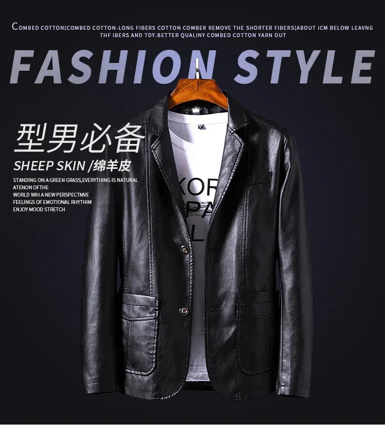 New Leather Jacket Men's Business Casual Lapel PU Leather Blazers Fashion Solid Slim Korean Style Leather Coat Big Size 6XL