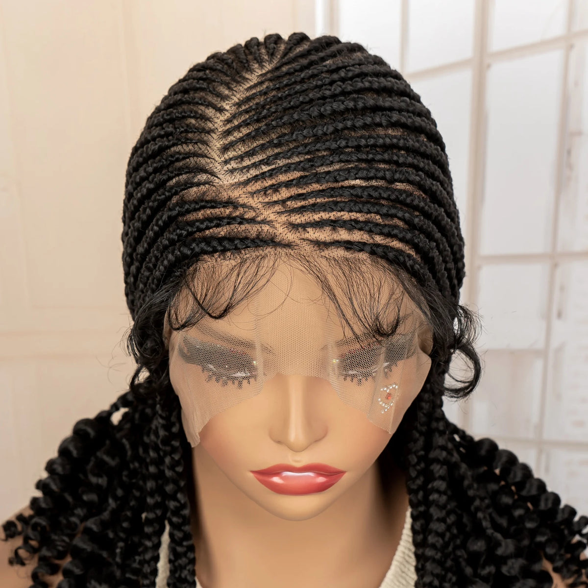 Full Lace Braided Wig with Curly Ends Synthetic Cornrow Braids Wig for Black Women Lace Frontal Afro Knotless Braiding Wigs