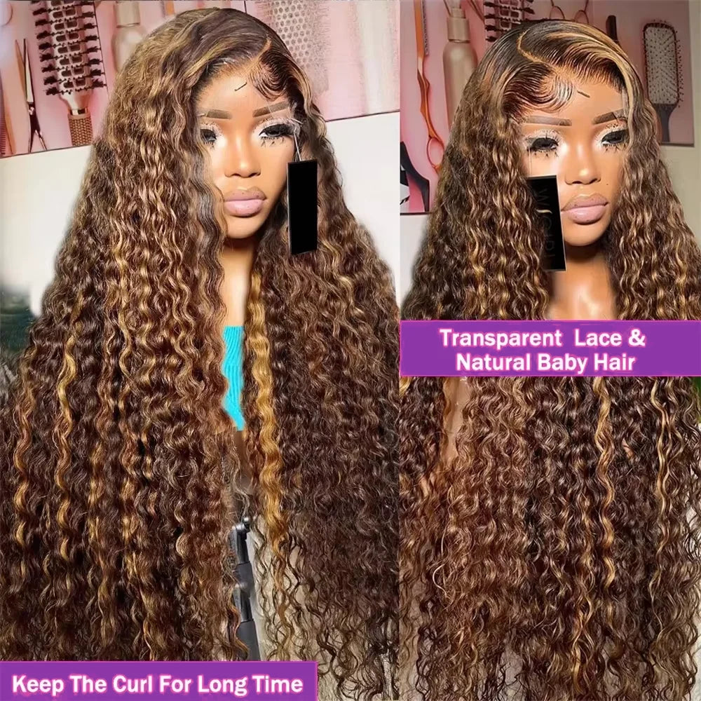 Perruque Deep Water Wave Highlight | Coloris 4/27 Miel Brun Ombré | 13x4 HD Lace Frontal | Cheveux Humains | Femme