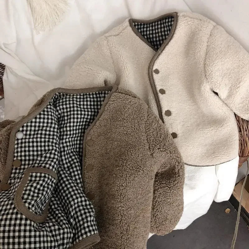 Fashion New Autumn and Winter Warm Jacket Two Sides Wear Plaid Plush Jacket Kids Jackets Winter Clothes DGUKYM 12042