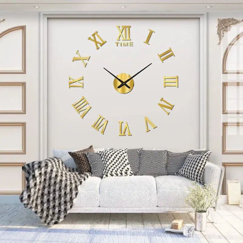 Horloge Murale Acrylique 3D Chiffres Romains | Miroir DIY | Grande Ronde | Décor Salon & Chambre