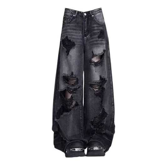 Jean Noir Déchiré High Street Vintage | Jambe Large Taille Haute | Baggy Y2K | Femme