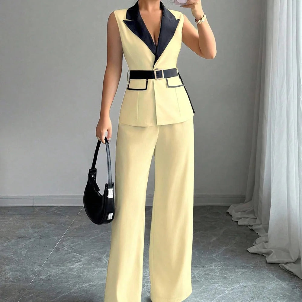 Ensemble gilet blazer sans manches élégant pour femme avec pantalon large et ceinture