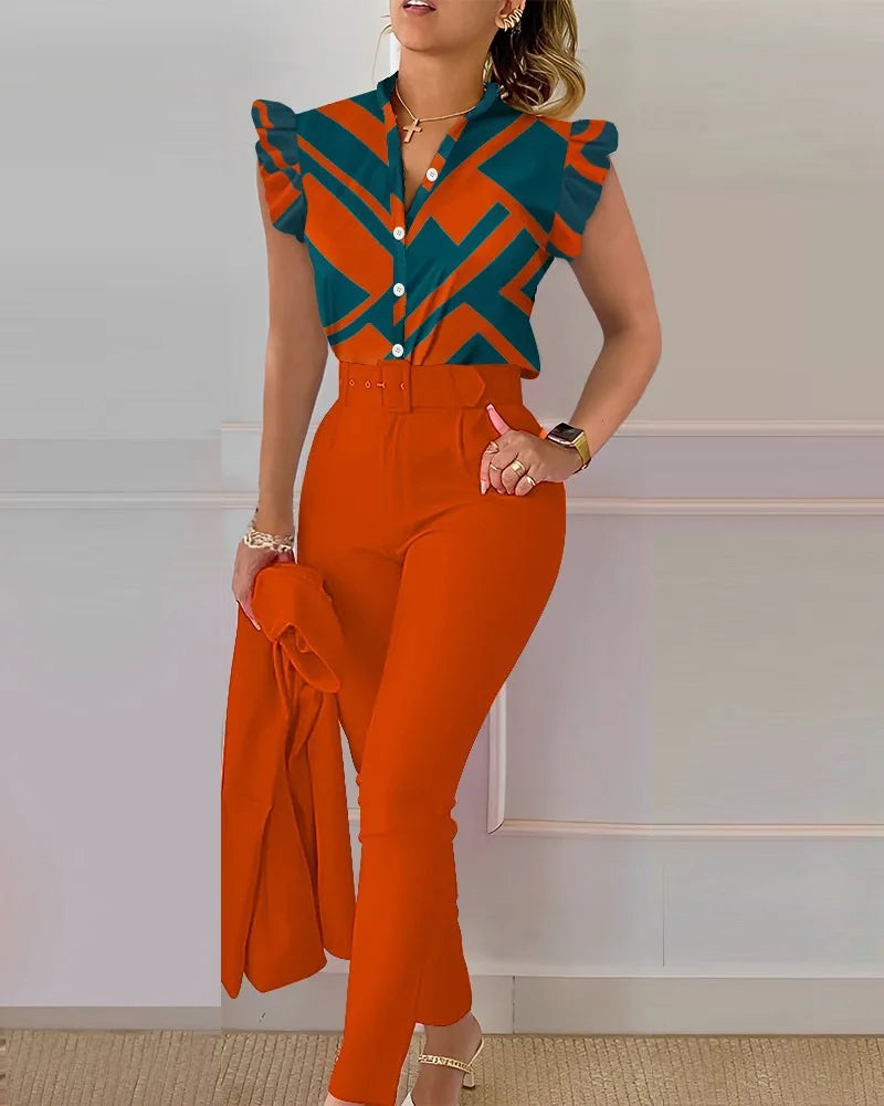 Women's Elegant Slim Two-Piece Sets Summer Fashion Print V Neck Button Flying Sleeve Shirt Top & Solid Long Pants Suits With Belt
