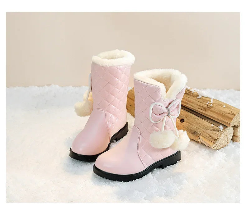 2025 Winter New Fashion Children Princess Boots Waterproof Girls Warm Boots with Bow Kids Snow Boots with Fur Plush