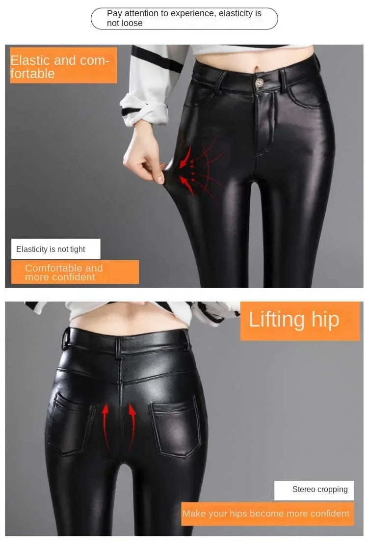 Pantalon Femme Cuir PU Cachemire | Taille Haute Slim Chaud | Polaire Intérieure | Automne-Hiver 2024 | Noir | S à XXXL
