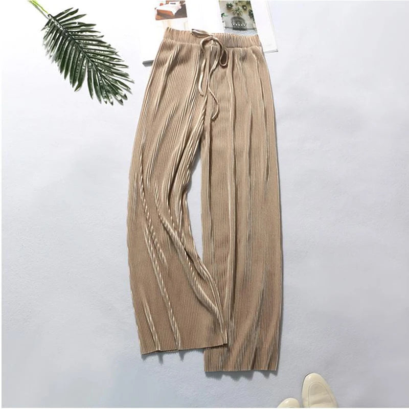 Pantalon Large Plissé Soie Glacée Femme | Taille Élastique Ample | Casual Été Mode