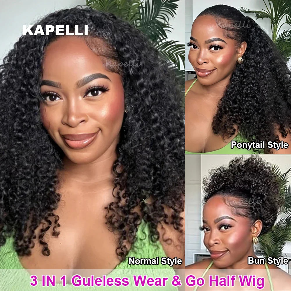 Demi-Perruque Cheveux Humains 180% | Kinky Curly | Invisible Hairline | Cordon Coulissant | 3 en 1