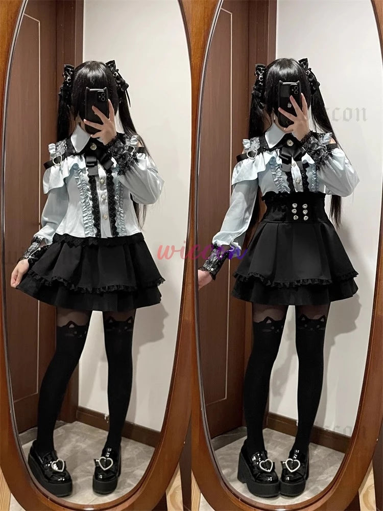 Jirai Kei Outfit Lolita Girls Shirt Skirt Set Women Kawaii Bow Long Sleeve Y2K Casual Aesthetic Shirt Japanese Style Women