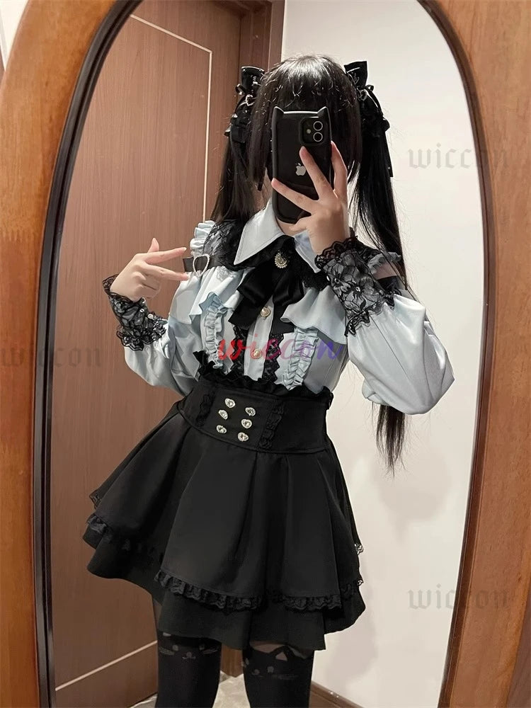 Jirai Kei Outfit Lolita Girls Shirt Skirt Set Women Kawaii Bow Long Sleeve Y2K Casual Aesthetic Shirt Japanese Style Women