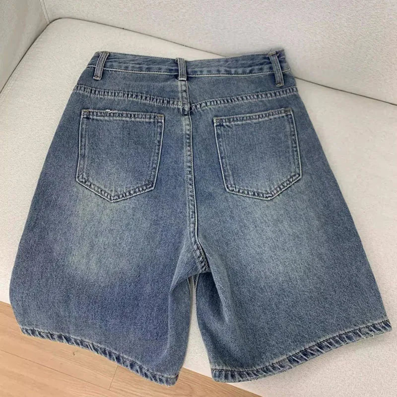 Short Jean Taille Haute Large Femme | Vintage Streetwear | Jambe Large Genou | Casual Été