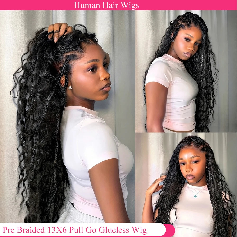 Glueless Knotless Braided Wigs Water Wave 13x6 HD Lace Human Hair Frontal Wigs Pull Go Glueless Wigs Human Hair With Drawstring