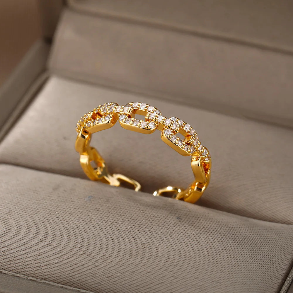 Bague Ceinture Zircon Acier Inoxydable | Doigt Géométrique Ajustable | Esthétique Mariage Femme