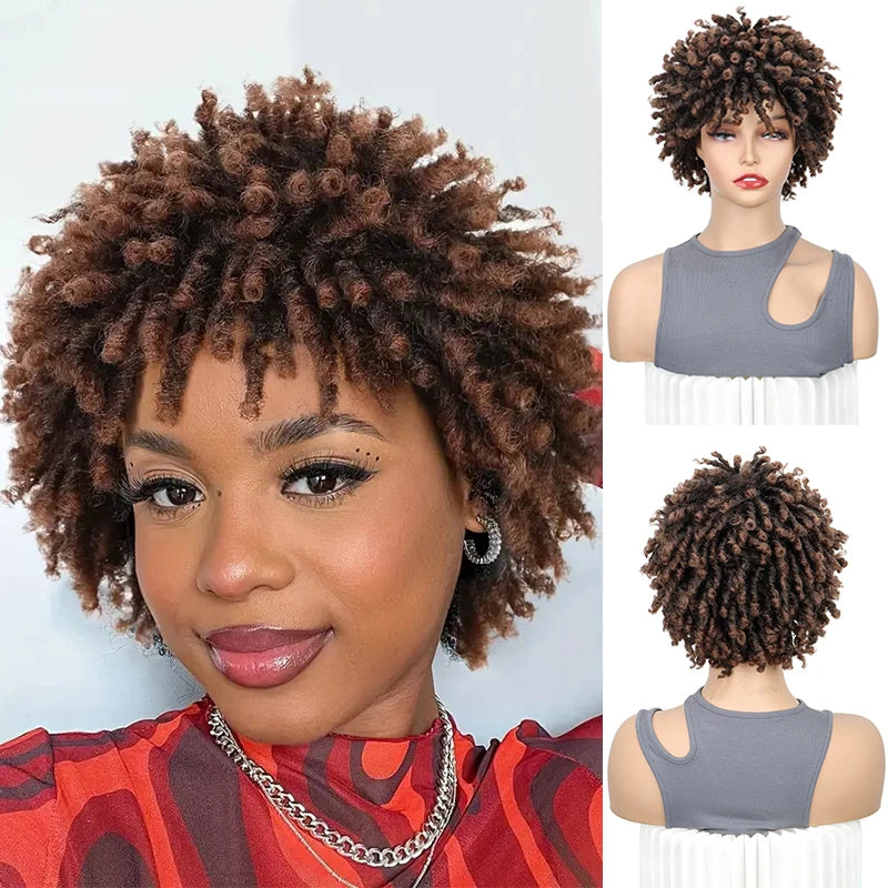 Perruque synthétique courte à fausses locks bouclées