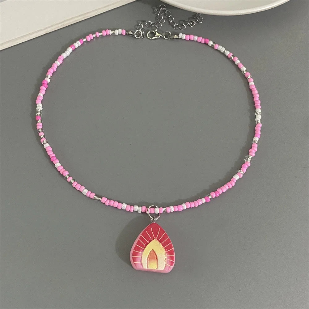 Collier Pendentif Fruits Fait Main | Perles Riz Bohème | Choker Pastèque Citron Fraise | Bijou Fille Femme
