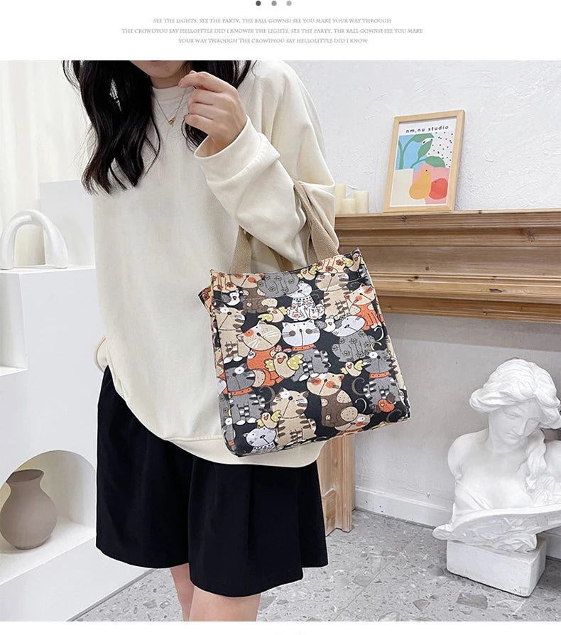 Fashionable Top-Handle Bag with Cute Cat Pattern, Portable Mommy Bag for Women