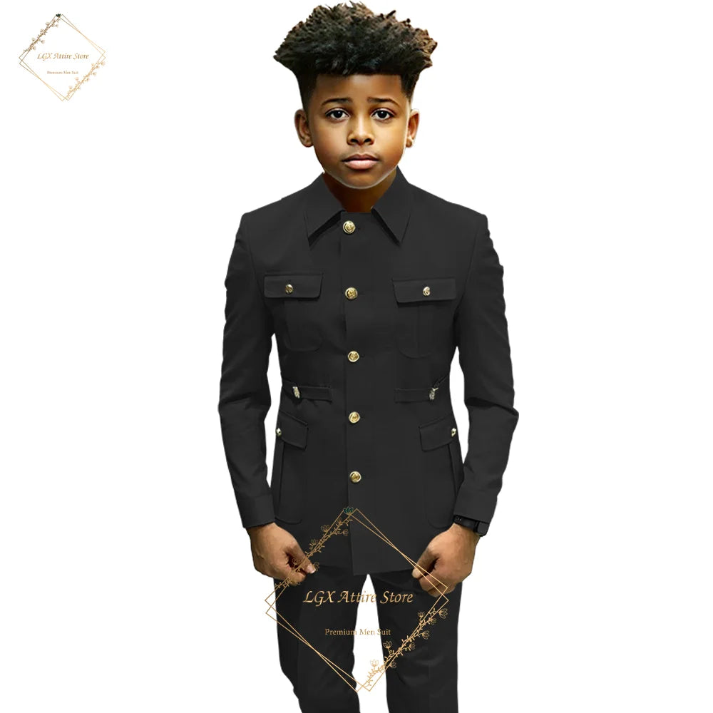 Boys single-breasted formal 2-piece suit, boys Zhongshan suit style long coat classic design suitable for ages 2-16