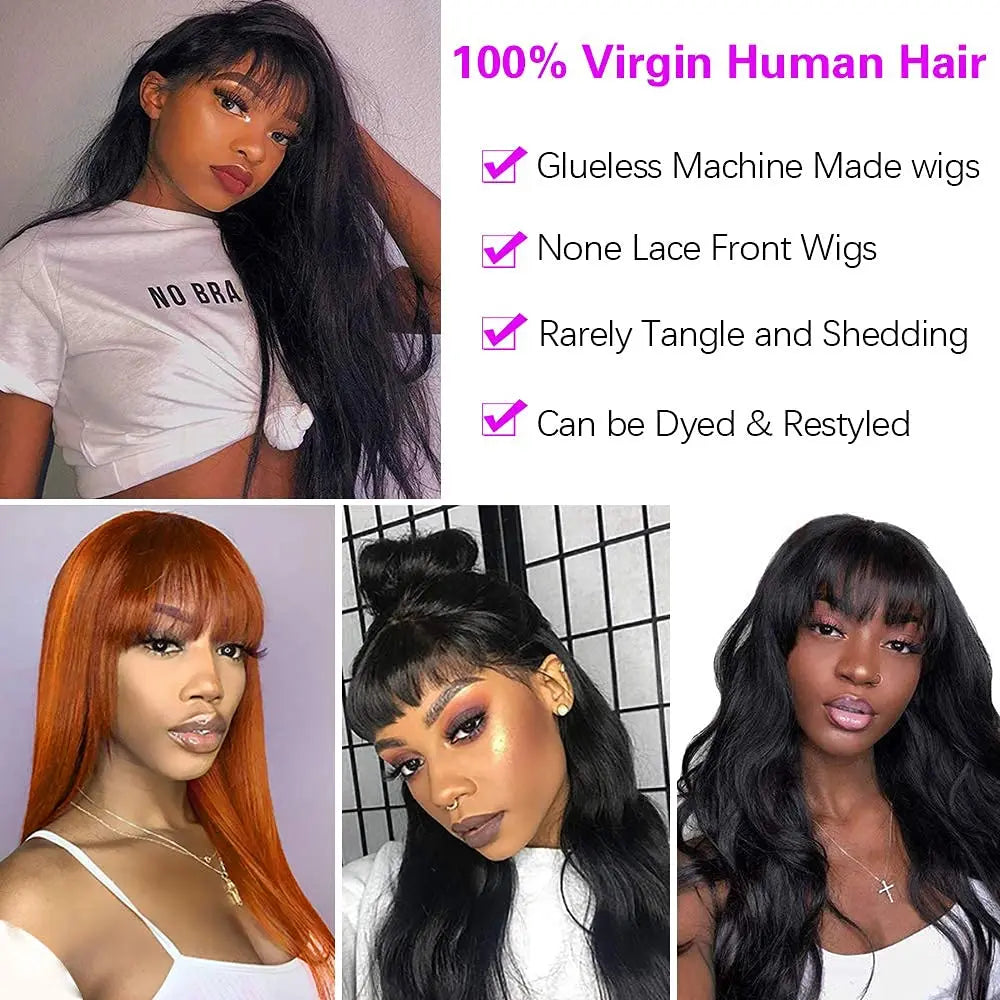 Perruque Lisse Avec Frange | 100% Cheveux Humains Brésiliens | Longue | Noire | Machine Made