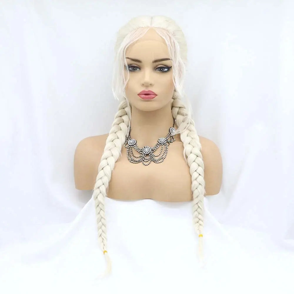 Sylvia Wigs60#Platinum Blonde Double Braid Synthetic Blonde Lace Front Braid Wigs Heat Resistant Fiber Braid