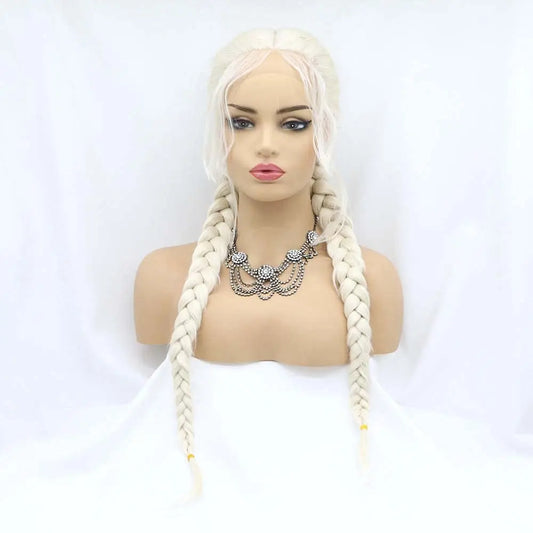 Sylvia Wigs60#Platinum Blonde Double Braid Synthetic Blonde Lace Front Braid Wigs Heat Resistant Fiber Braid