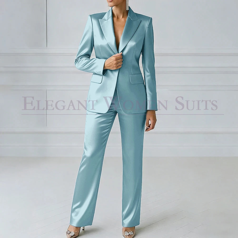 Elegant Blue Evening Women's Suits 2 Piece Jacket Pants Sets High Quality Royal Blue One-Button Slim Fit Office Blazer Clothing