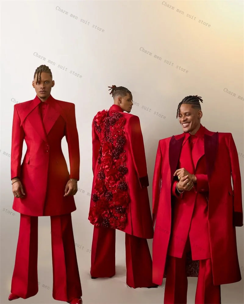 Luxury Crystals Red Men Suits Set 3 Pcs Overcoat+Blazer+Pant Trousers Groom Wedding Tuxedo Formal Office Cotton Prom Jacket Coat