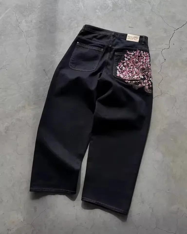 Jean Taille Basse Hip Hop | Fleurs Cerisier Brodé | Jambe Large Unisexe | Y2K Vintage Baggy