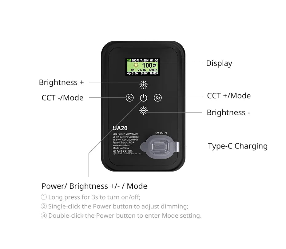 Lampe Tube Air Portable Ulanzi UA20 20W | Lumière Fill Light Bicolore Pliable | Streaming & Extérieur