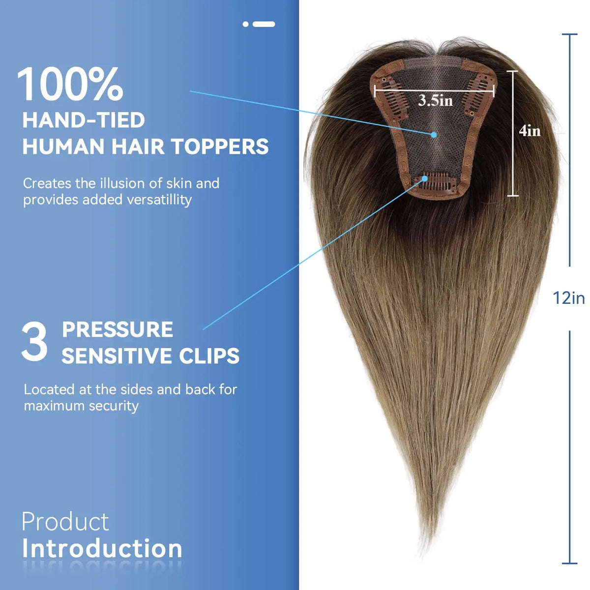 Topper Cheveux Remy 100% | Brun Ombré | 12 Pouces | Lace Base Milieu | Clip | Pour Cheveux Clairsemés | Femme