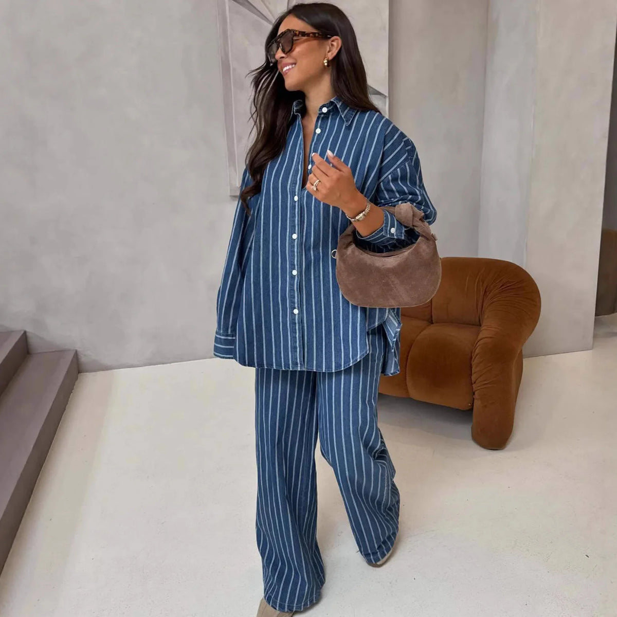 Ensemble 2 Pièces Femme Y2K | Chemise Col Rabattu Rayée & Pantalon Large Taille Haute | Streetwear