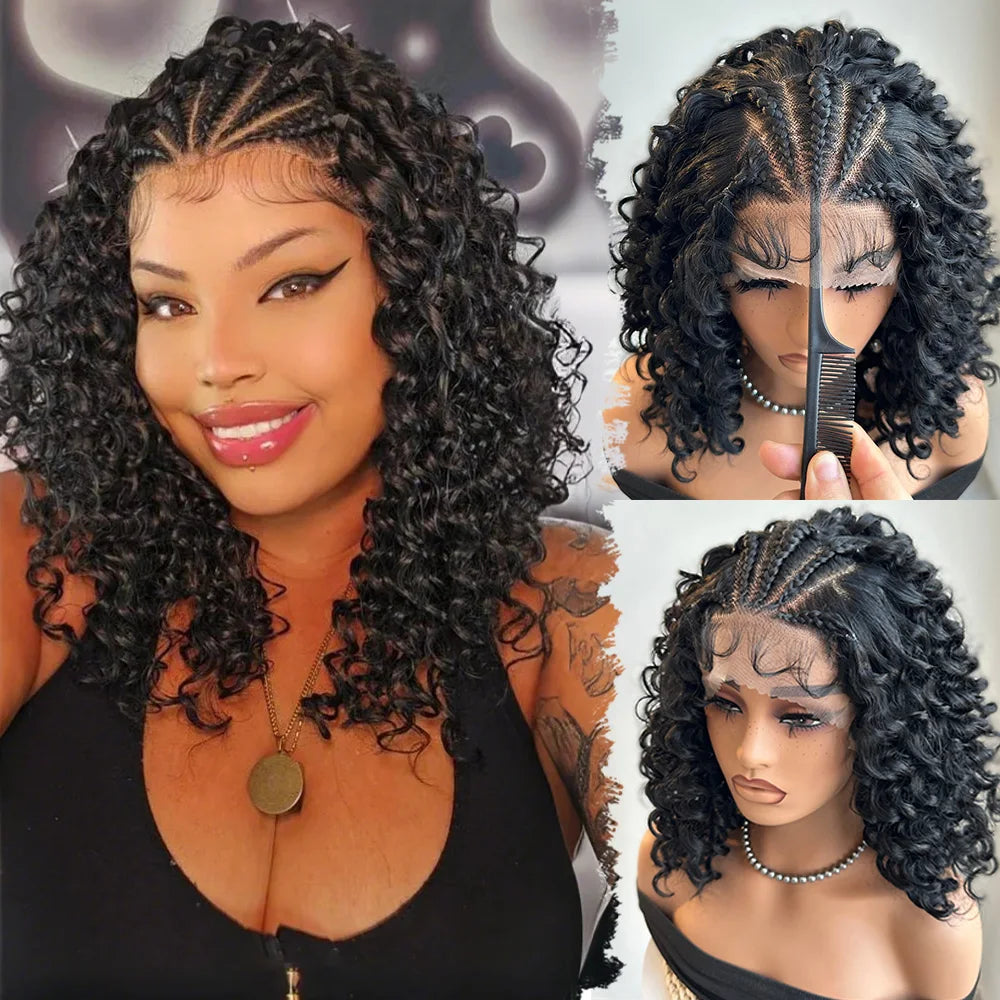 Perruque Bob Curly | 13x4 Lace Front | Tresses Cornrow Pré-Tressées | Quickwig | Cheveux Humains | Femmes Noires