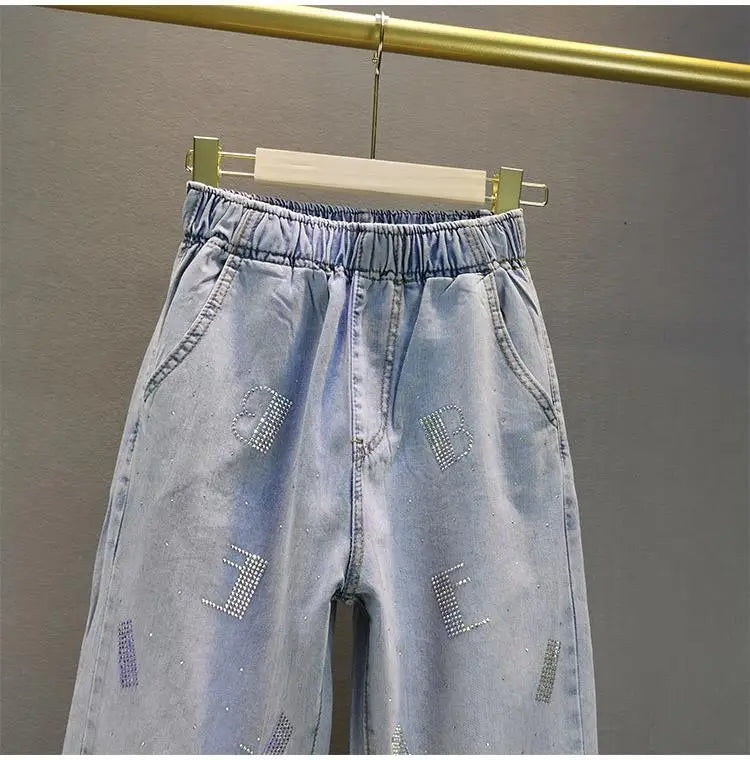 High-Waisted Jeans For Summer 2026 New Loose Elastic Waist Hot-Pressed Diamond Pants Women's Casual Denim Trousers