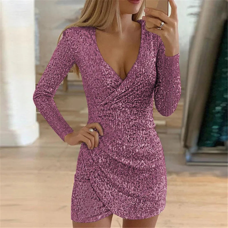 Dresses For Women 2025 Sexy Deep V-Neck Silver Sequin Mini Bodycon Dress Spring Autumn Long Sleeve Party Dress Female