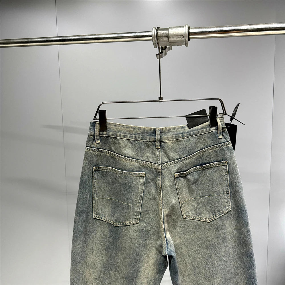 American Streetwear Baggy Jeans For Men's Clothing Vintage Distressed Gray Denim Pants Harajuku Casual Skateboard Pants Male