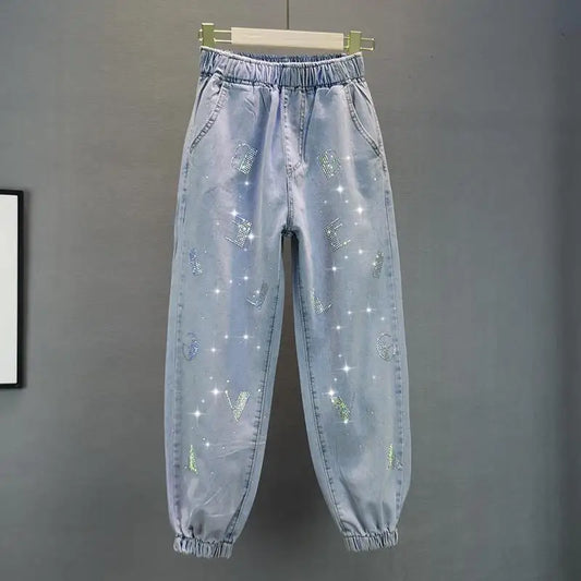 Jean Taille Haute Été 2026 | Ample Élastique | Motif Diamants Pressés | Femme Casual Denim