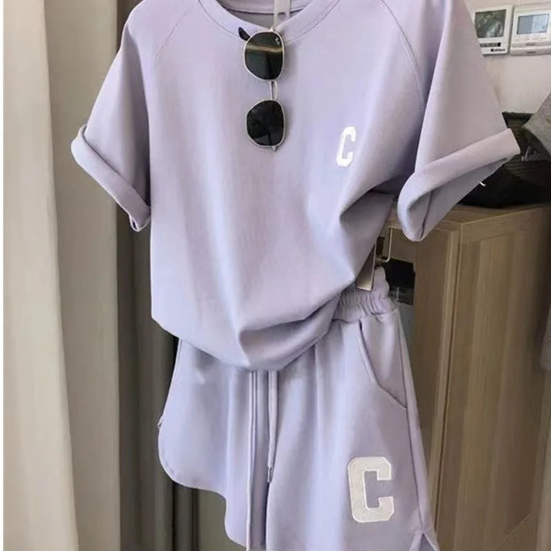 Ensemble 2 Pièces Femme Été | T-Shirt Manches Courtes & Short Sport | Imprimé Lettre | Pyjama Grande Taille