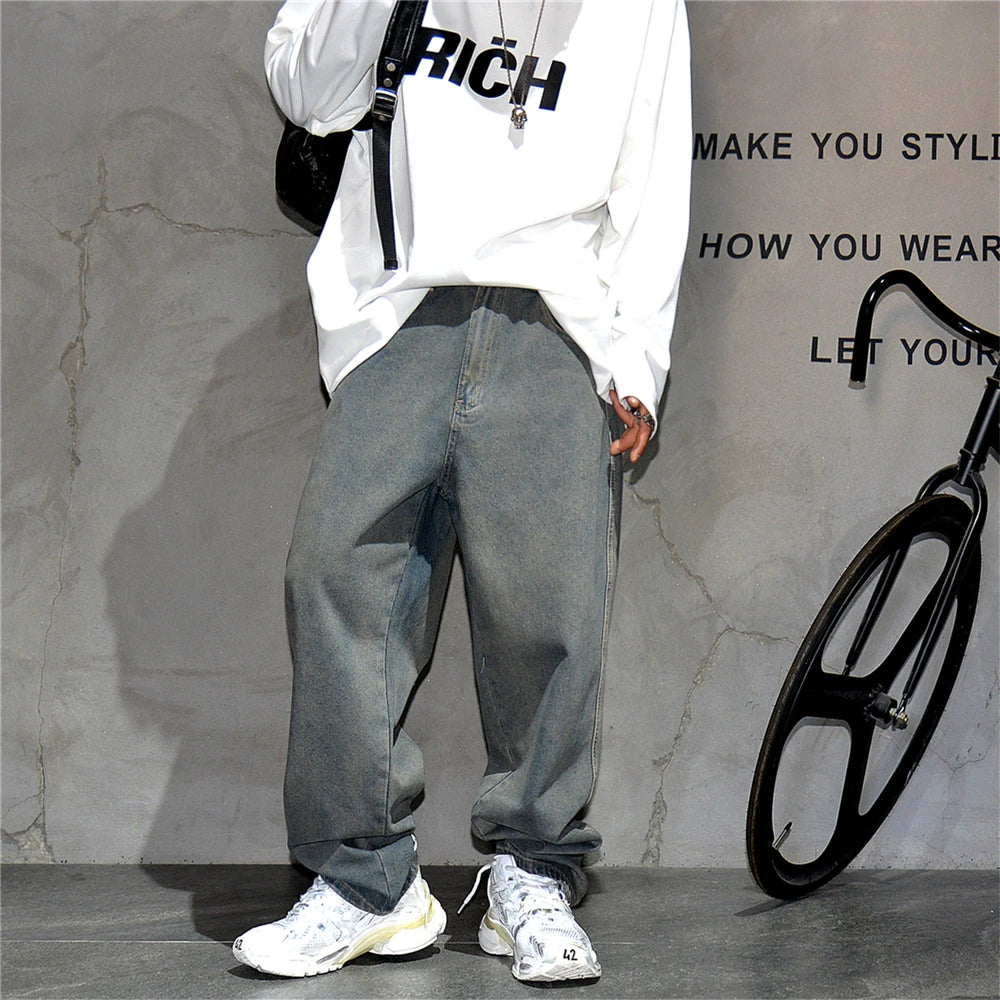 American Streetwear Baggy Jeans For Men's Clothing Vintage Distressed Gray Denim Pants Harajuku Casual Skateboard Pants Male