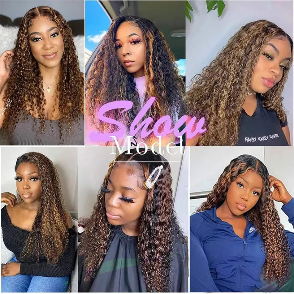 Perruque Deep Water Wave Highlight | Coloris 4/27 Miel Brun Ombré | 13x4 HD Lace Frontal | Cheveux Humains | Femme